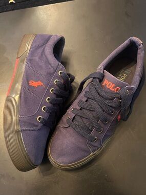 Ralph Lauren navy canvas sneakers with red logo accents